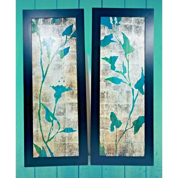 2 Botanical Gardens Green Leaf Foiled Silver Black Framed Wall Art 39"x16" - Picture 5 of 12